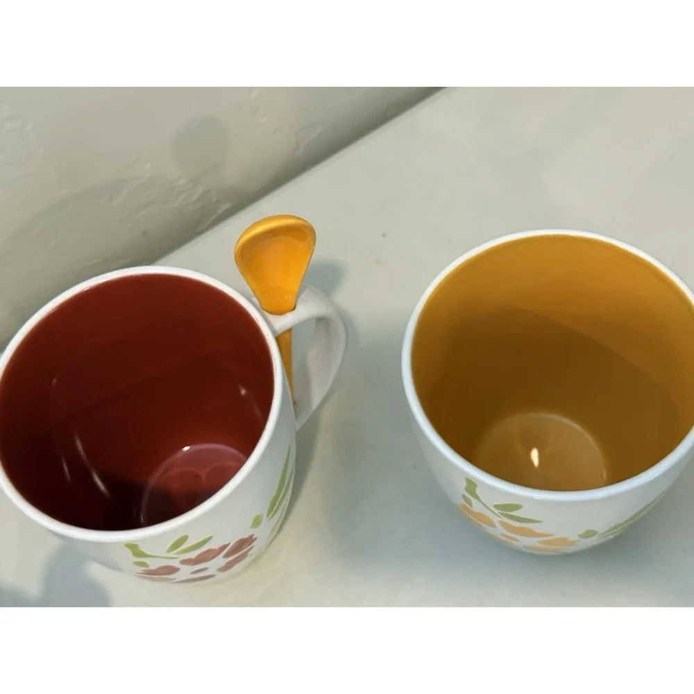 Lot Of 3 Pier 1 Stoneware Coffee Mugs 14 oz  with Spoons Fowers Hand painted